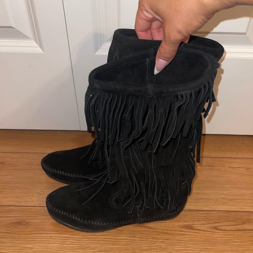 Minnetonka Black Fringe Moccasin Boots